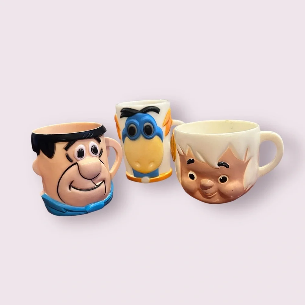 Set of 3 Vintage 1960's-70's Flintstones Fred Dino Bam Bam Vitamin Mug Cups